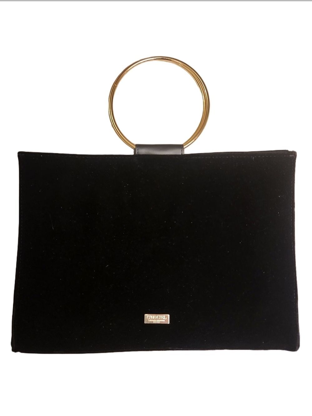 Carolina Herrera "Good Girl" Black Velvet Clutch with goldtone metal ring Handle
